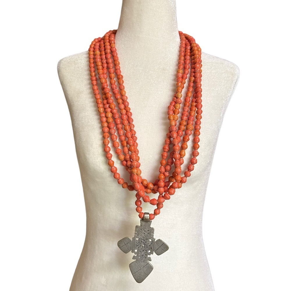 Vintage 6 Strand rolled paper Beads 34” Long African Ethiopian cross necklace
